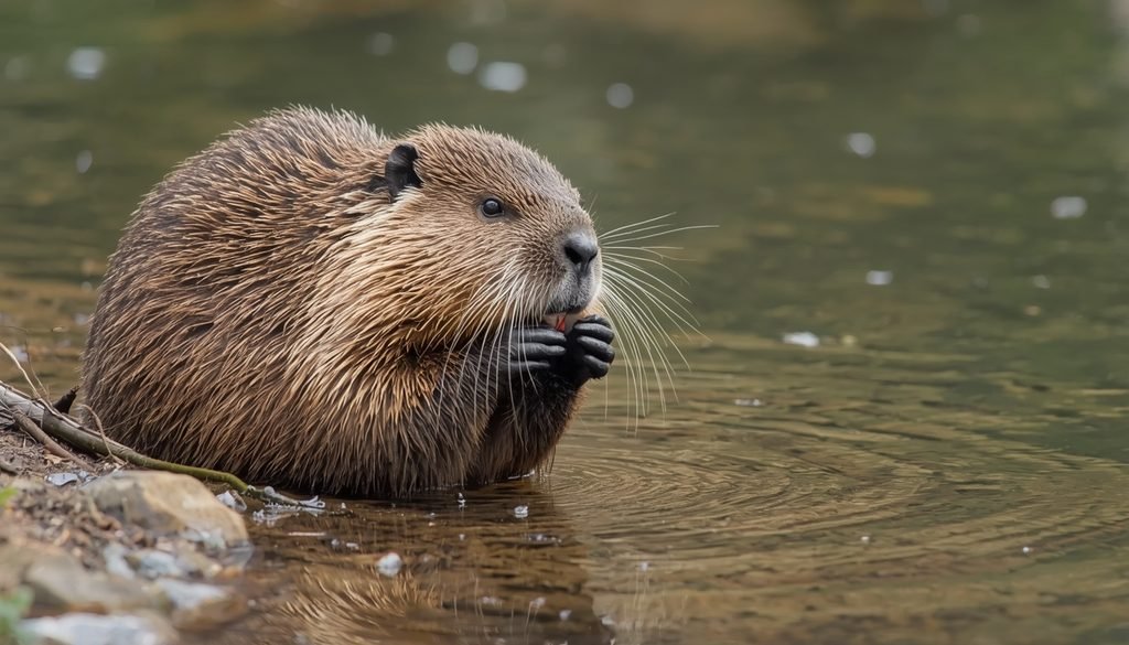 Beaver grooming its fur beside a freshwater pond