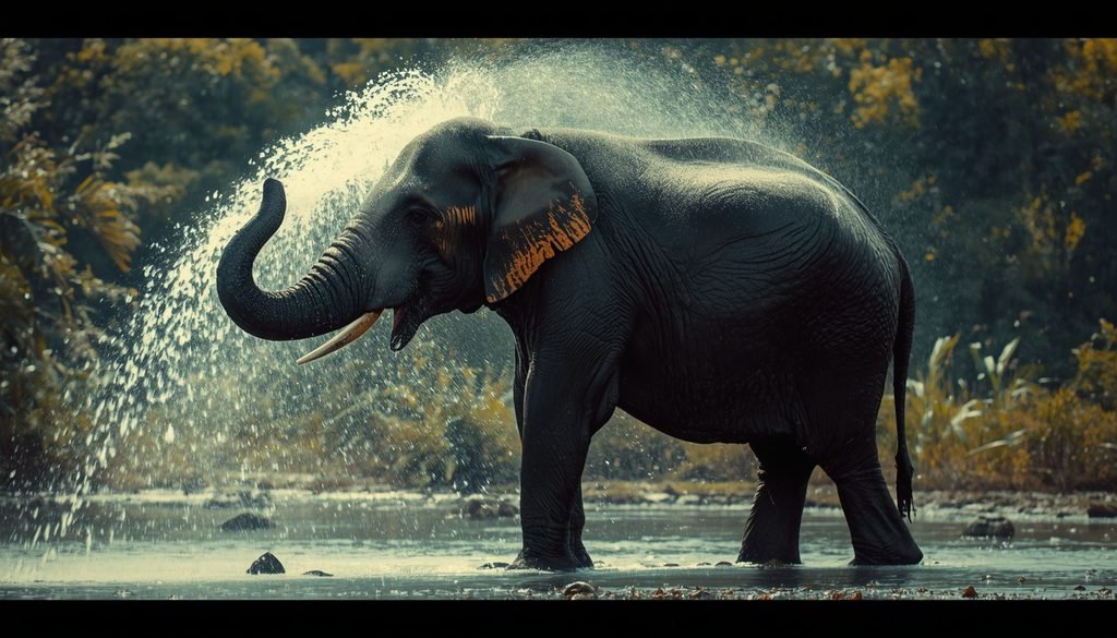Elephant spraying water over its body for cooling and cleaning