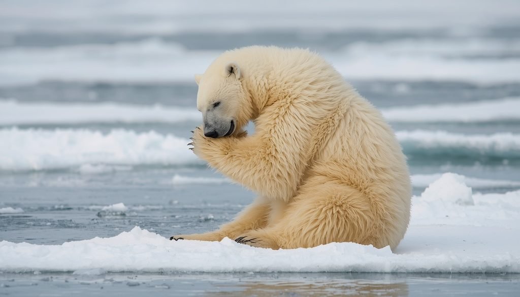 Polar bear grooming its fur on Arctic sea ice
