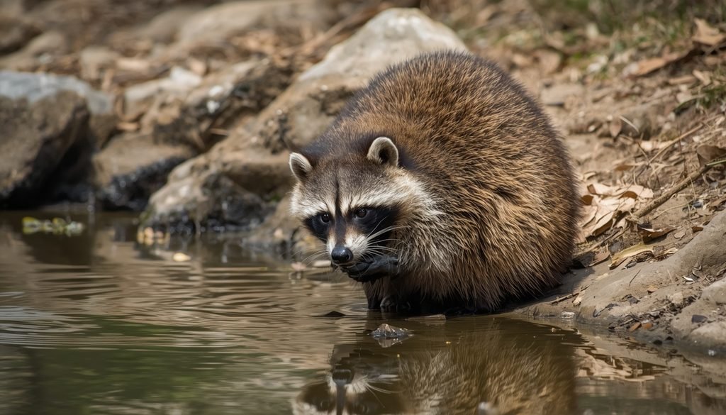 Raccoon grooming near water in a natural habitat