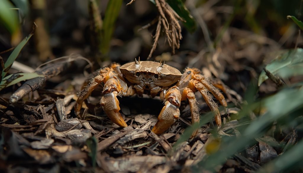 Coconut crab with a strong exoskeleton walking among tropical plants
