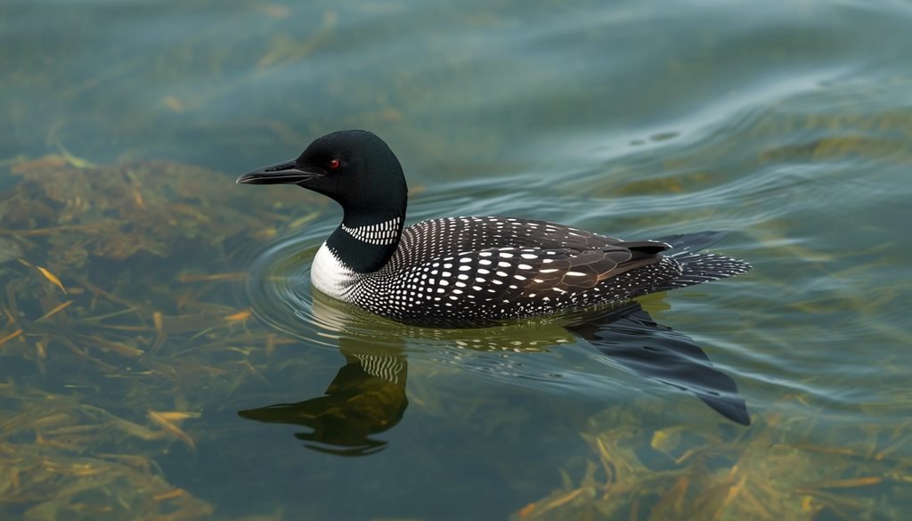 Common loon swimming with webbed feet