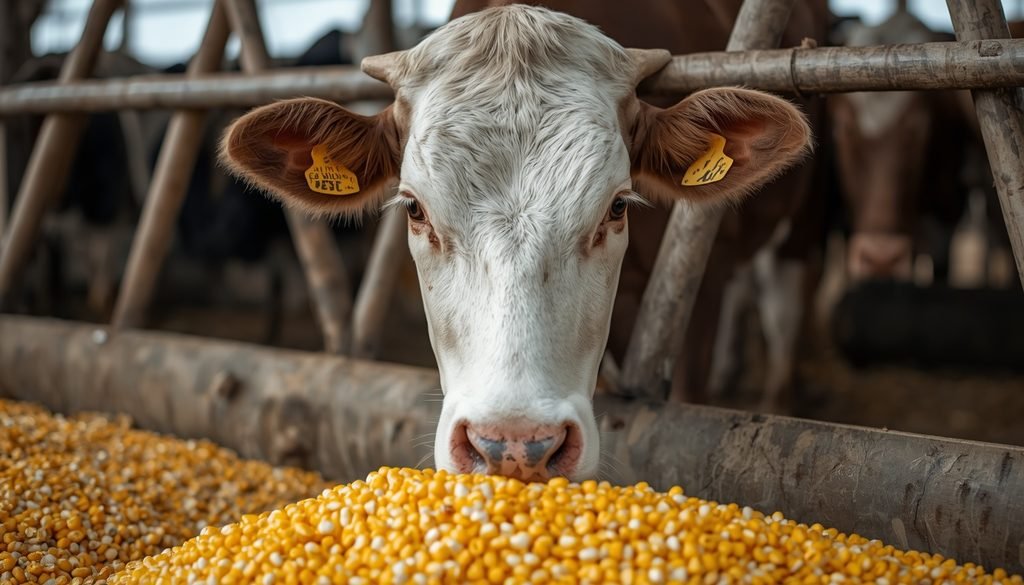 Cow eating corn-based feed on a farm