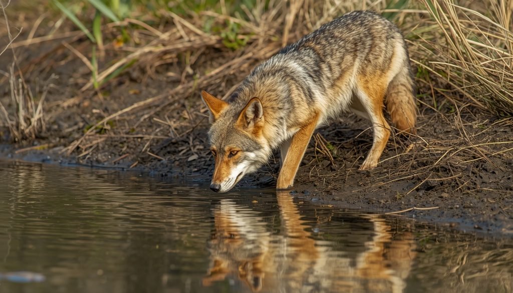 Coyote searching for prey near a wetland