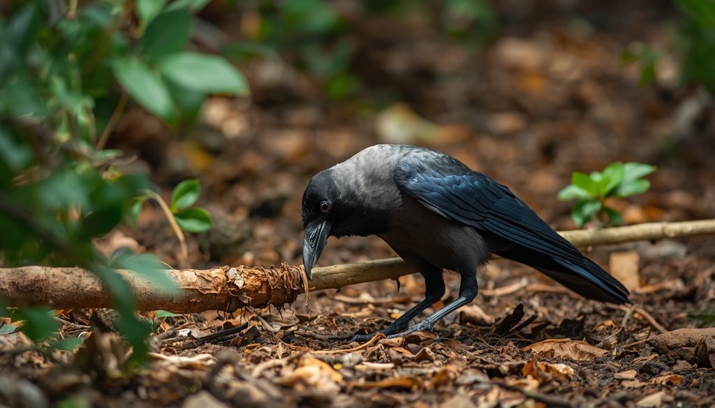 Crow using a tool to solve a problem in the wild