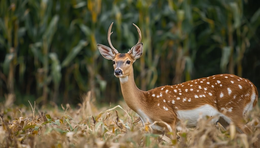 White-tailed deer eating corn in a field