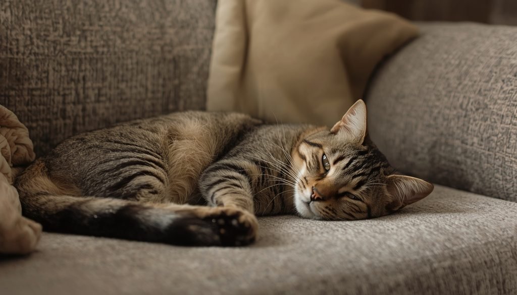 Domestic cat resting calmly in a comfortable home