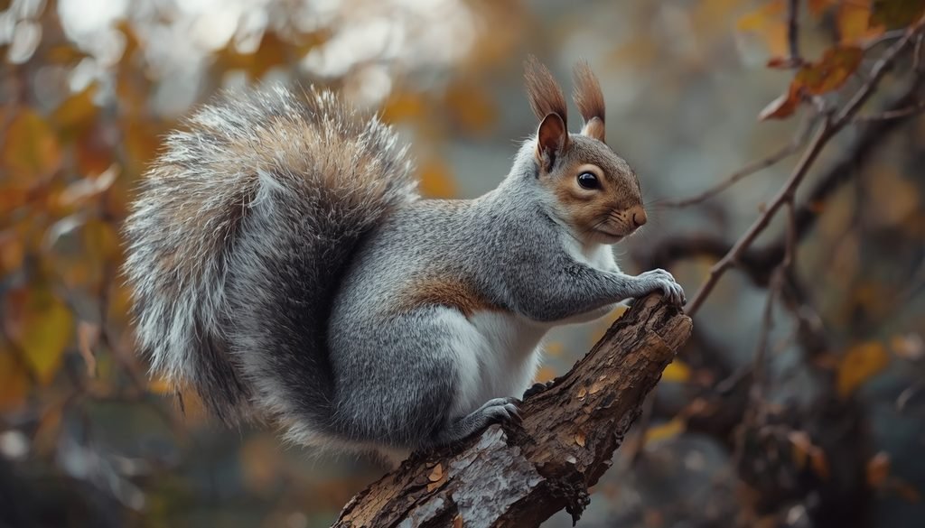 Eastern gray squirrel with a large fluffy tail on a tree