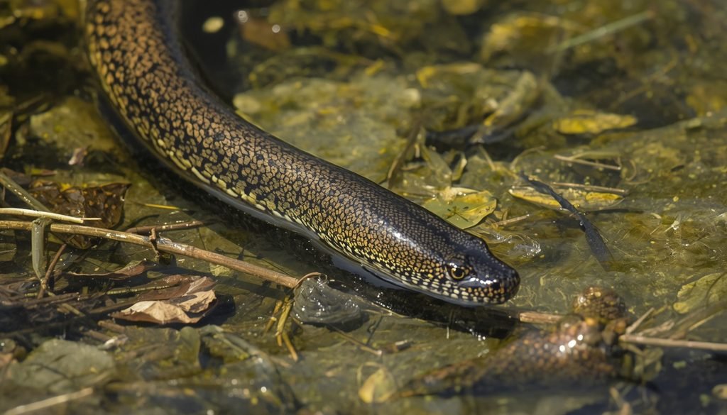 Freshwater eel searching for prey in a shallow pond