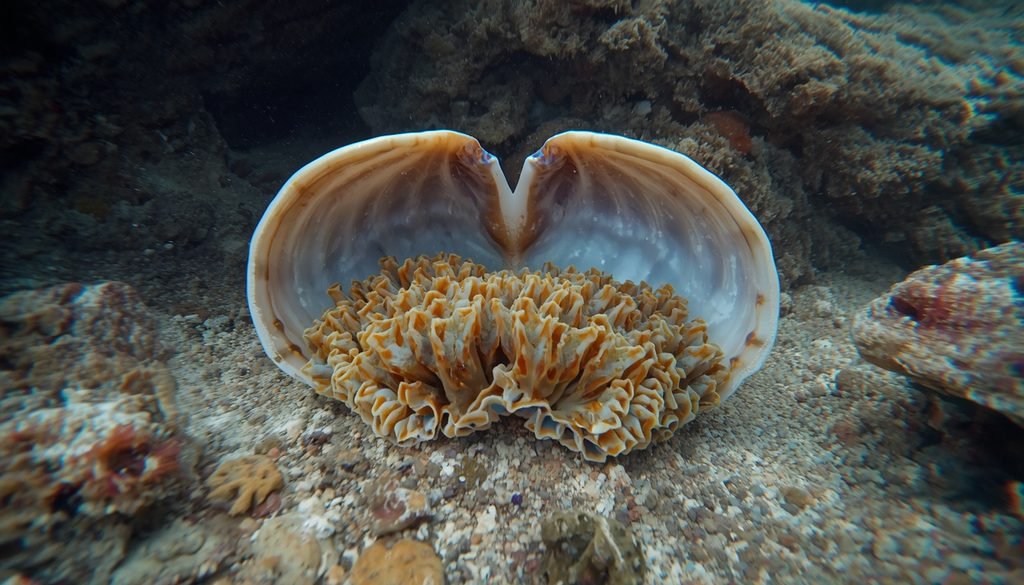 Giant clam displaying its colorful mantle between large shell valves on a reef