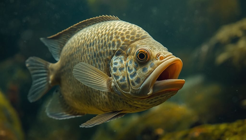 Giant gourami showing its broad mouth in freshwater