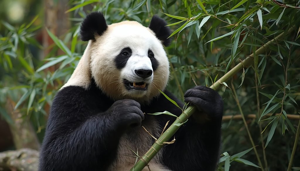 Giant panda eating bamboo in its natural forest habitat