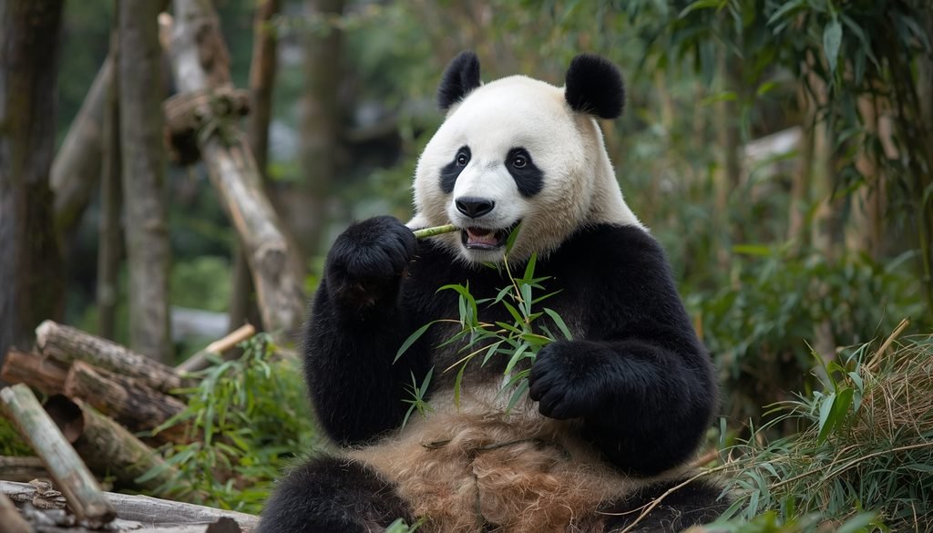 Giant panda sitting and eating bamboo in a mountain forest