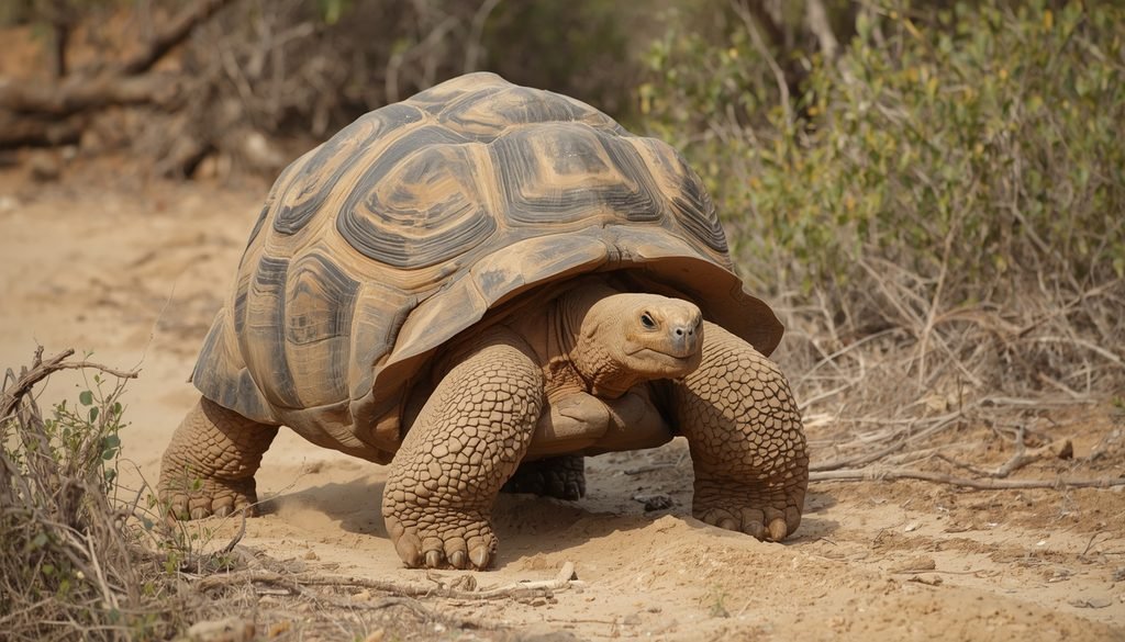 Aldabra giant tortoise moving through its natural habitat