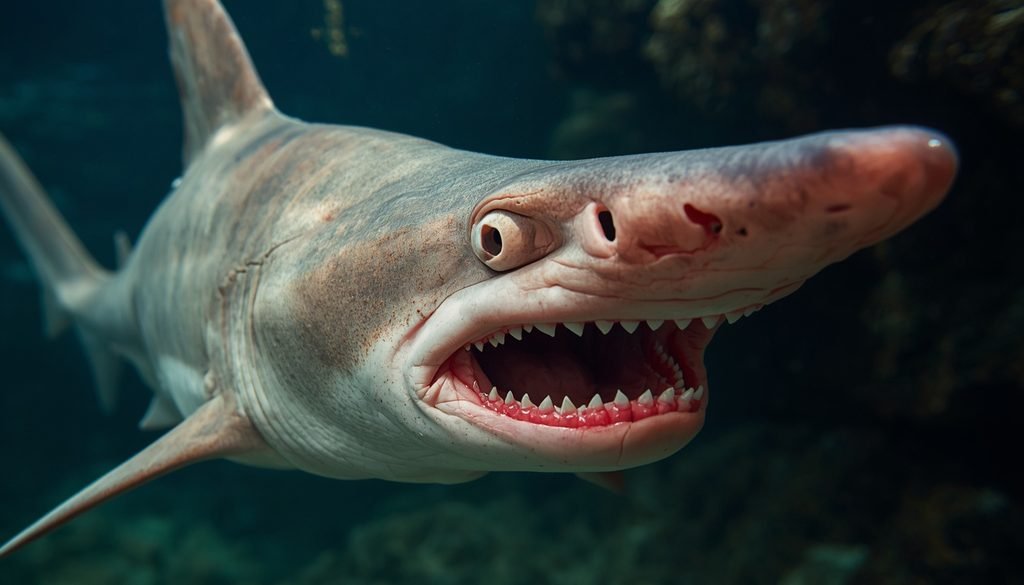Goblin shark showing its elongated snout and protruding jaws