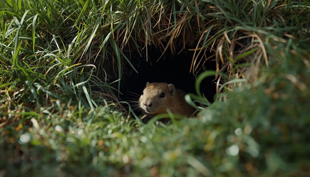 Gopher emerging from a grassy burrow entrance