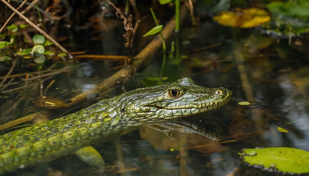 Powerful green anaconda swimming through tropical wetlands