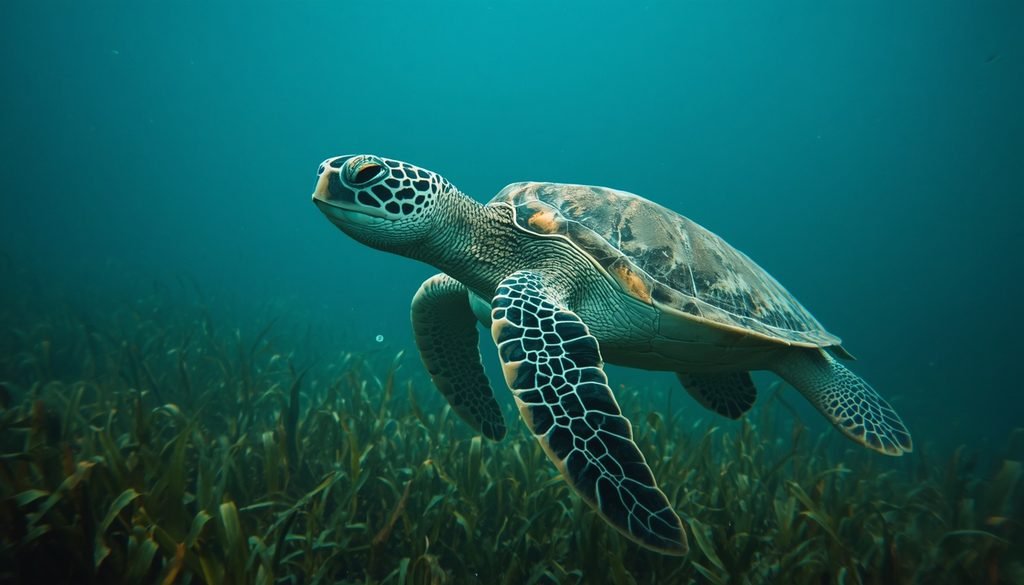 Green sea turtle with a broad head swimming through clear ocean water