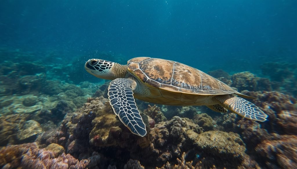 Green sea turtle swimming over a tropical coral reef