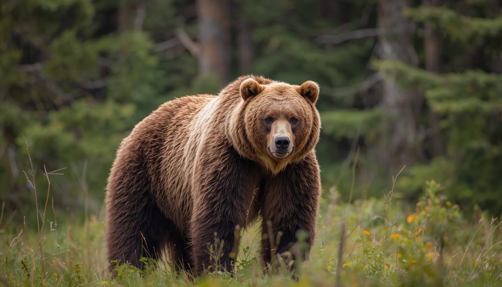 Muscular grizzly bear standing in a natural forest habitat