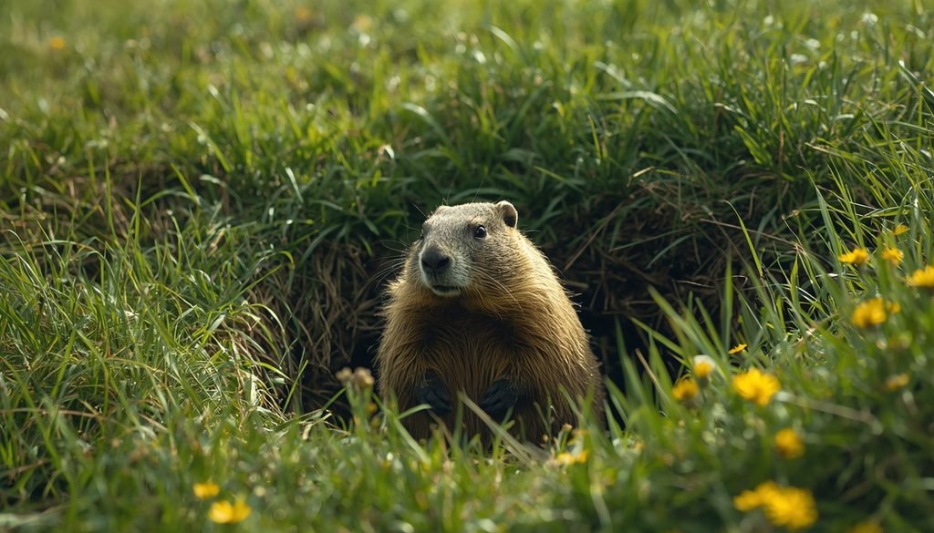 Groundhog standing in a grassy meadow near its burrow