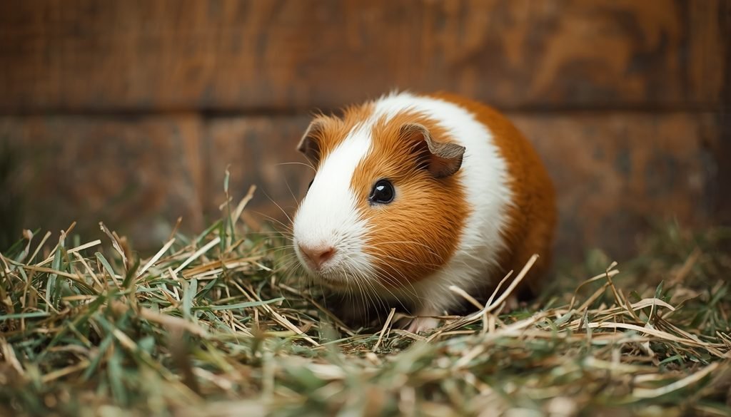 Guinea pig exploring a comfortable enclosure with hay