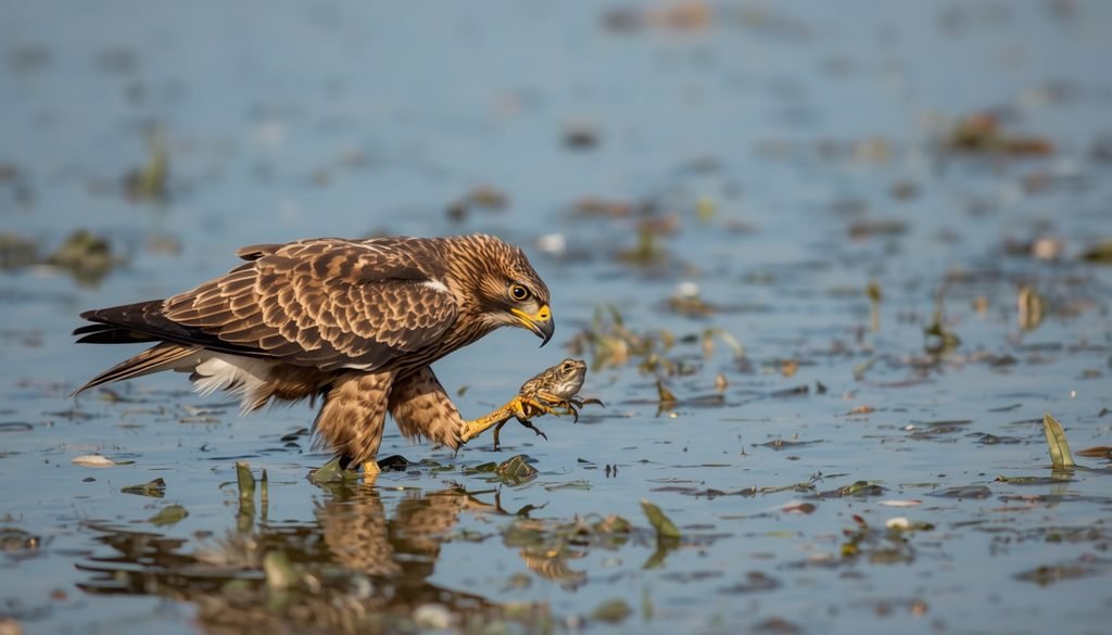 Hawk searching for a frog in open wetland habitat
