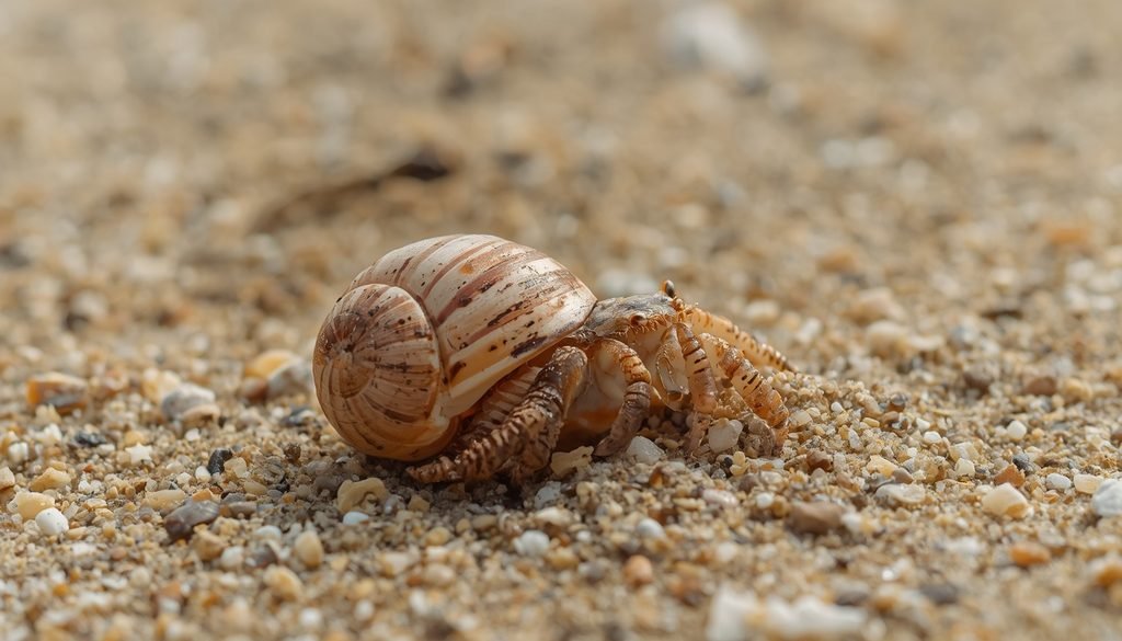 Hermit crab using an empty sea snail shell for protection on a beach