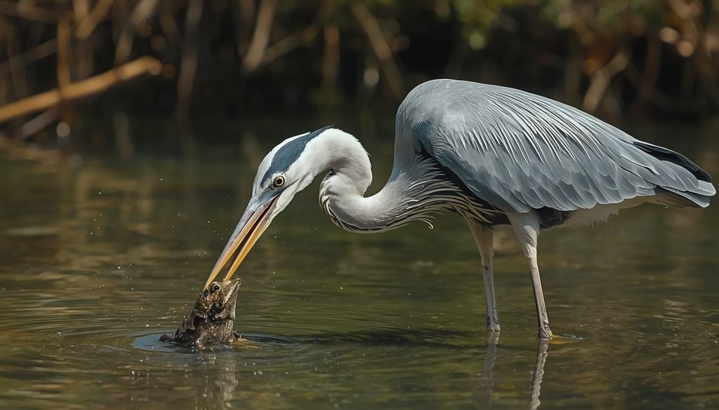 Great blue heron catching a frog in shallow water