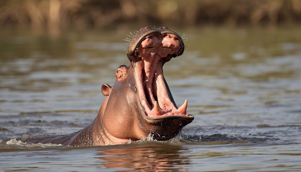 Hippopotamus emerging from an African river with its mouth open