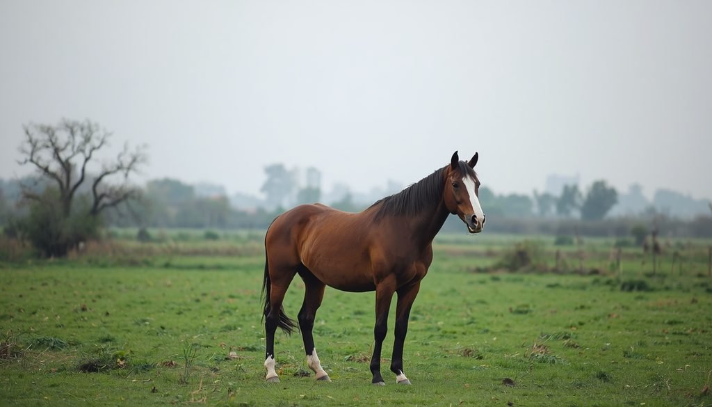 Horse standing calmly in a green pasture