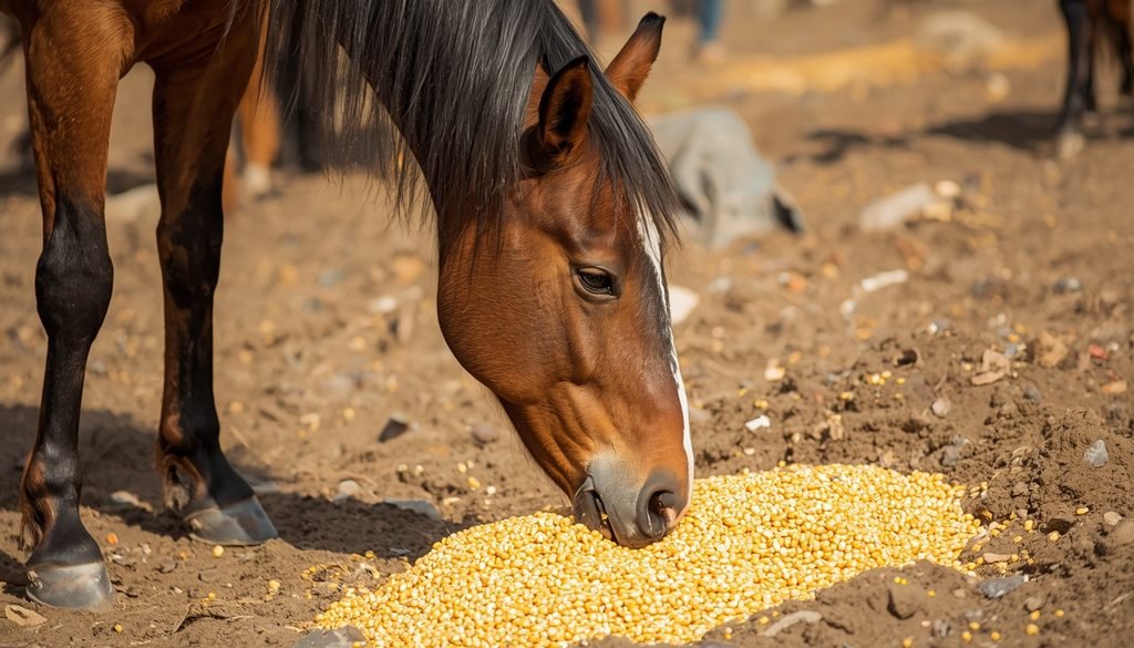 Horse eating corn grain as supplemental feed