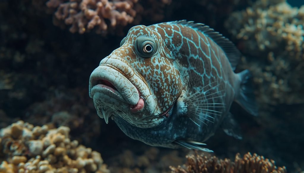 Humphead wrasse with prominent fleshy lips on a coral reef