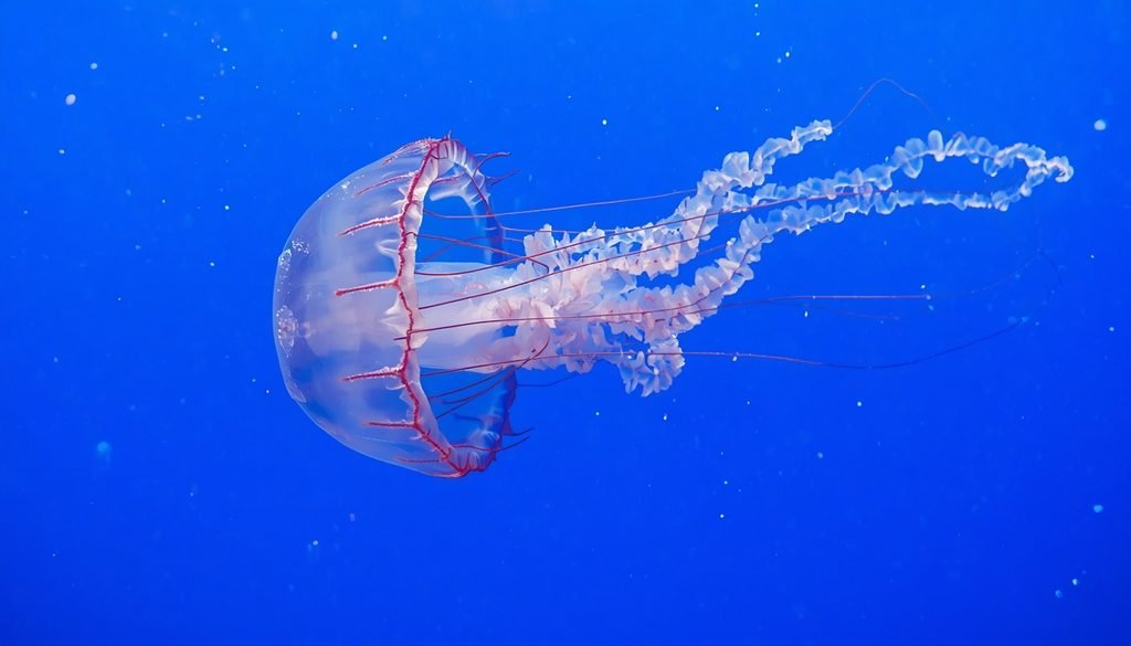 Translucent jellyfish drifting through blue ocean water