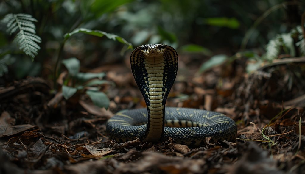 King cobra displaying its hood in a tropical forest