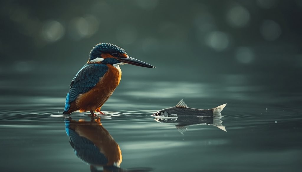 Kingfisher waiting quietly above water for a fish