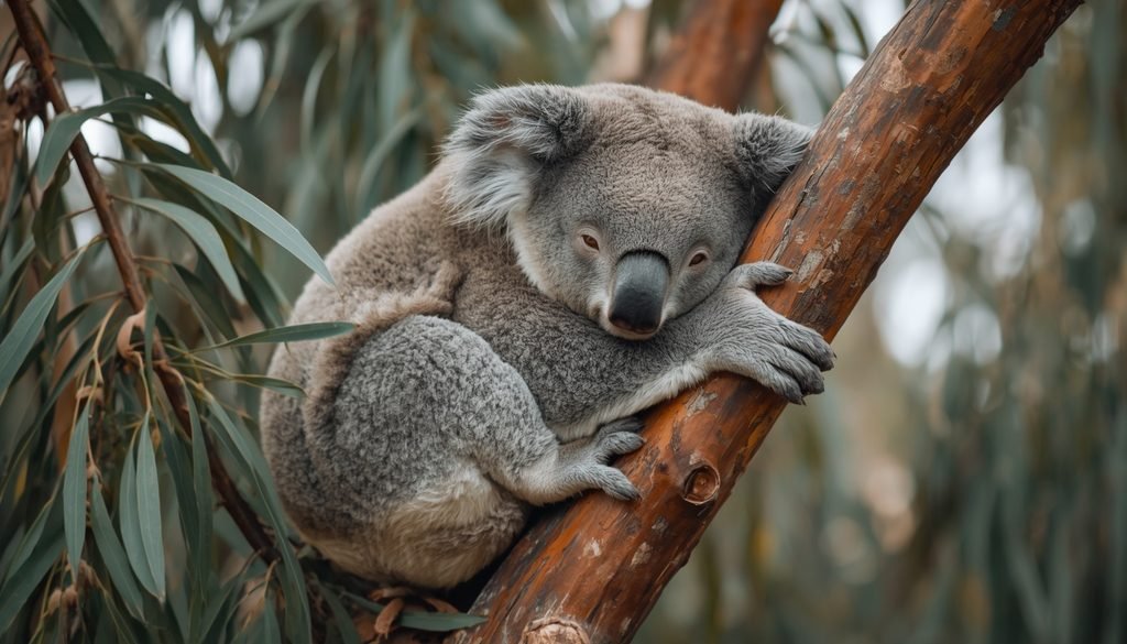 Koala resting on a eucalyptus tree branch in Australia