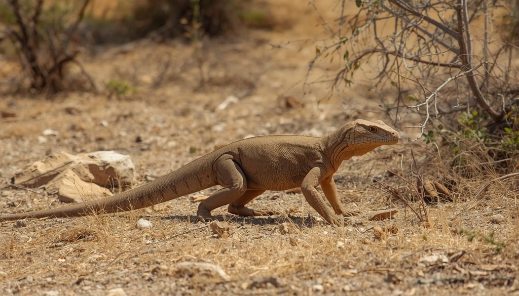 Komodo dragon walking across dry natural terrain