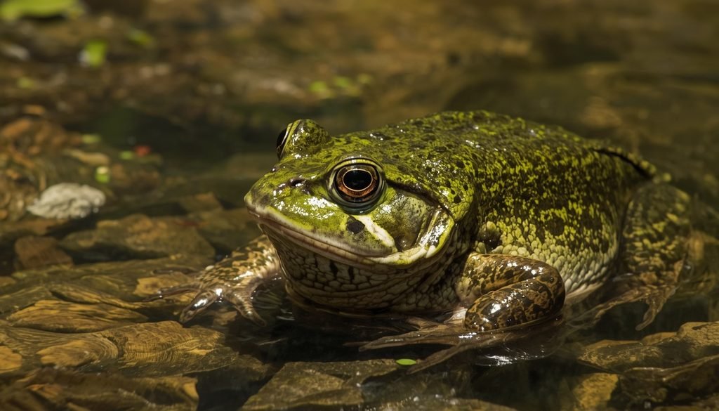 Largemouth bass hunting near a frog in freshwater