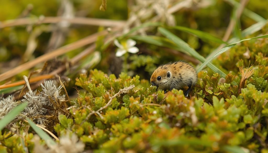 Small lemming among grasses and moss in Arctic tundra