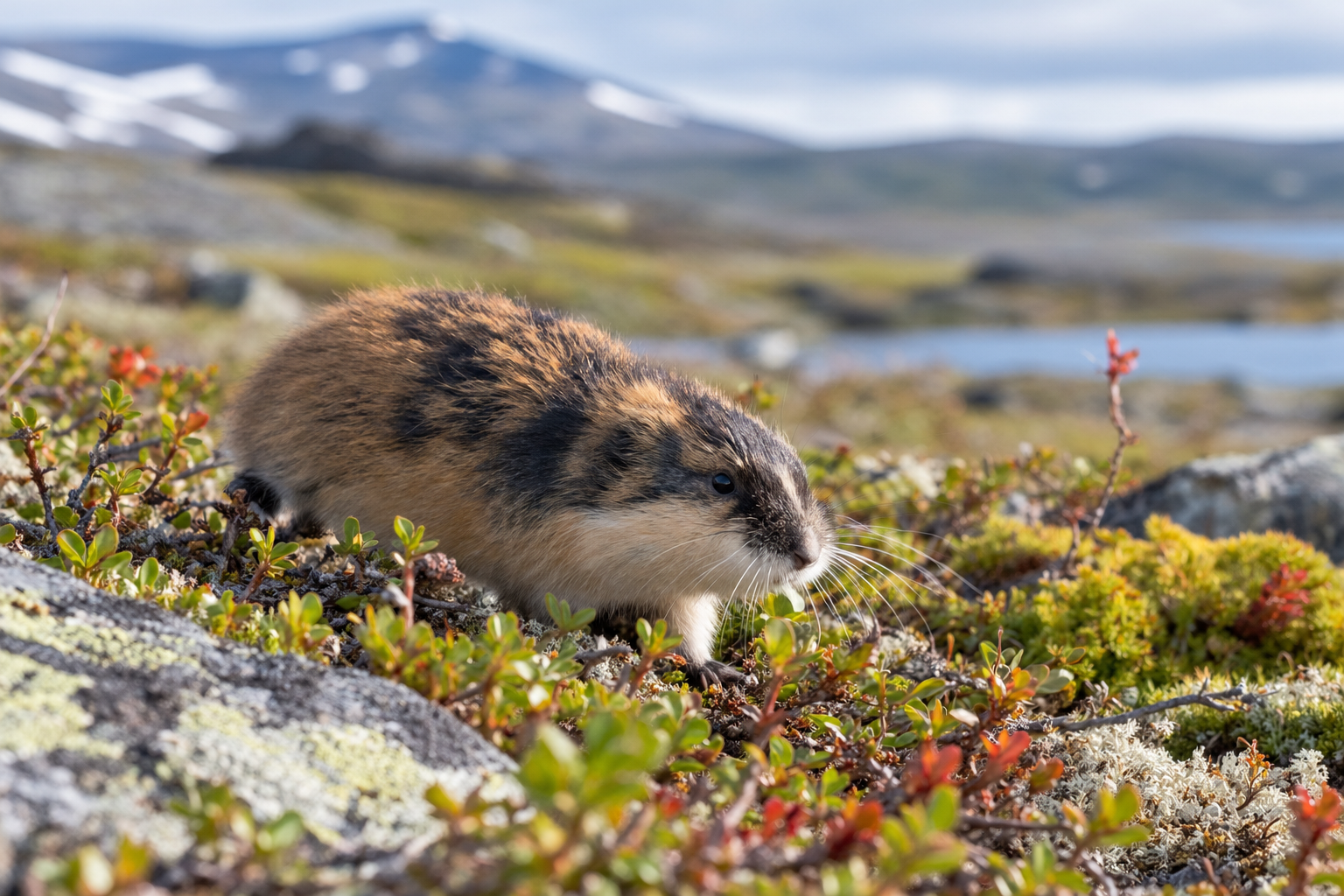 Lemming moving through its natural tundra habitat