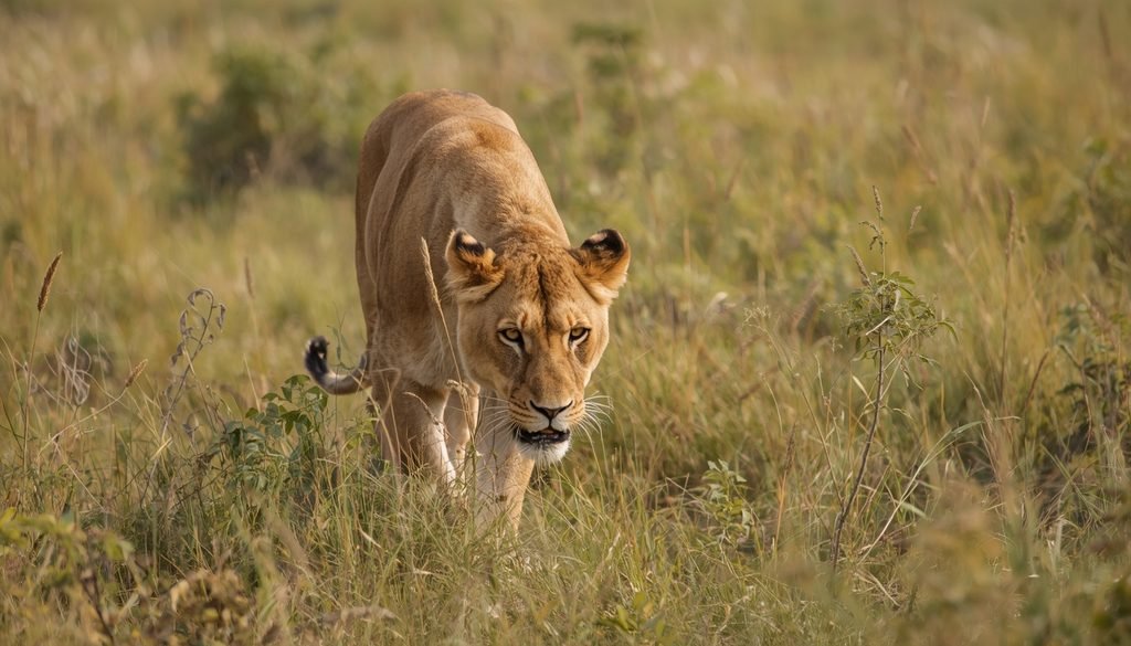 Lion patiently stalking prey through grassland