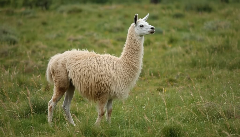 Llama standing in a natural grassy pasture