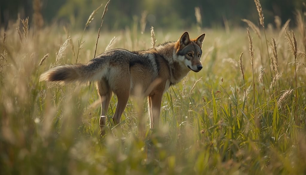 Maned wolf with a bushy tail standing in tall grass