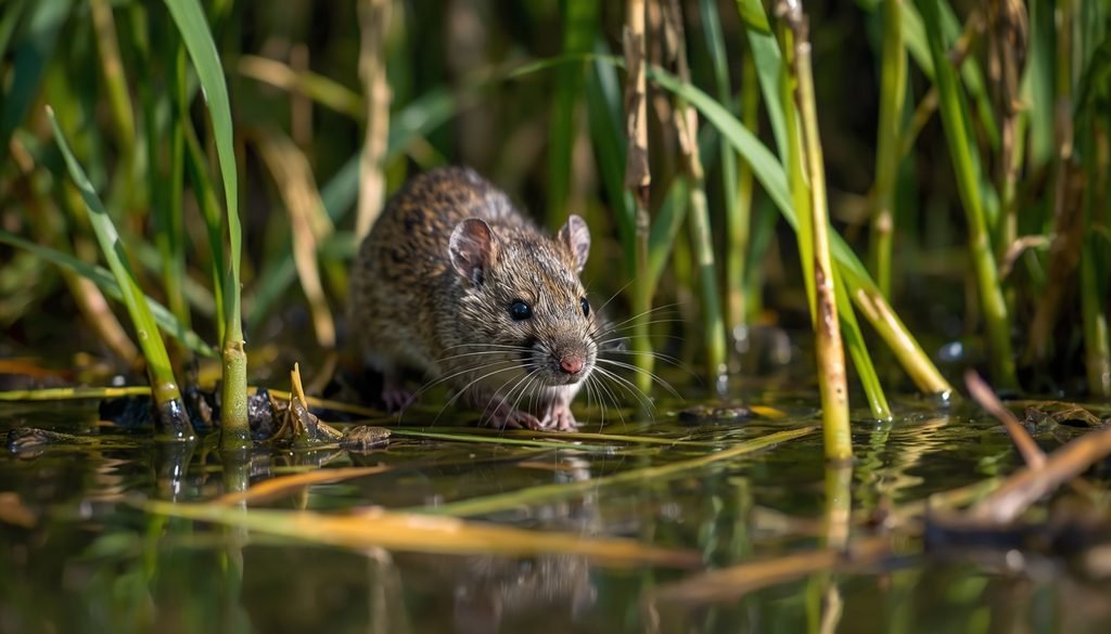 Marsh rice rat in wetland vegetation