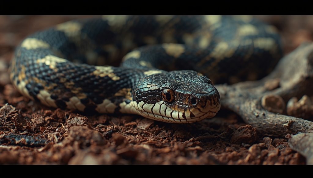 Massasauga rattlesnake showing dark body blotches and broad head