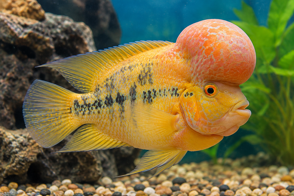 Midas cichlid with a large nuchal hump on its head