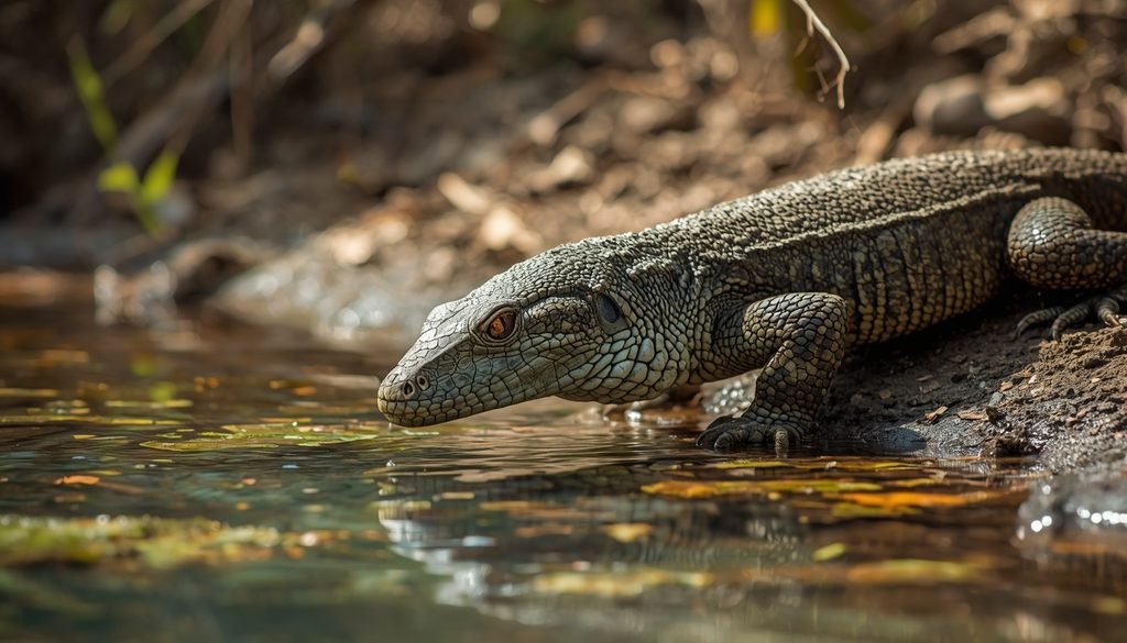 Nile monitor lizard searching for prey beside freshwater