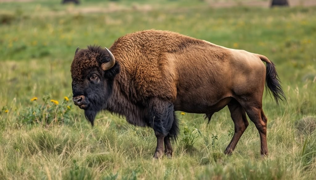 Muscular American bison standing on a grassland