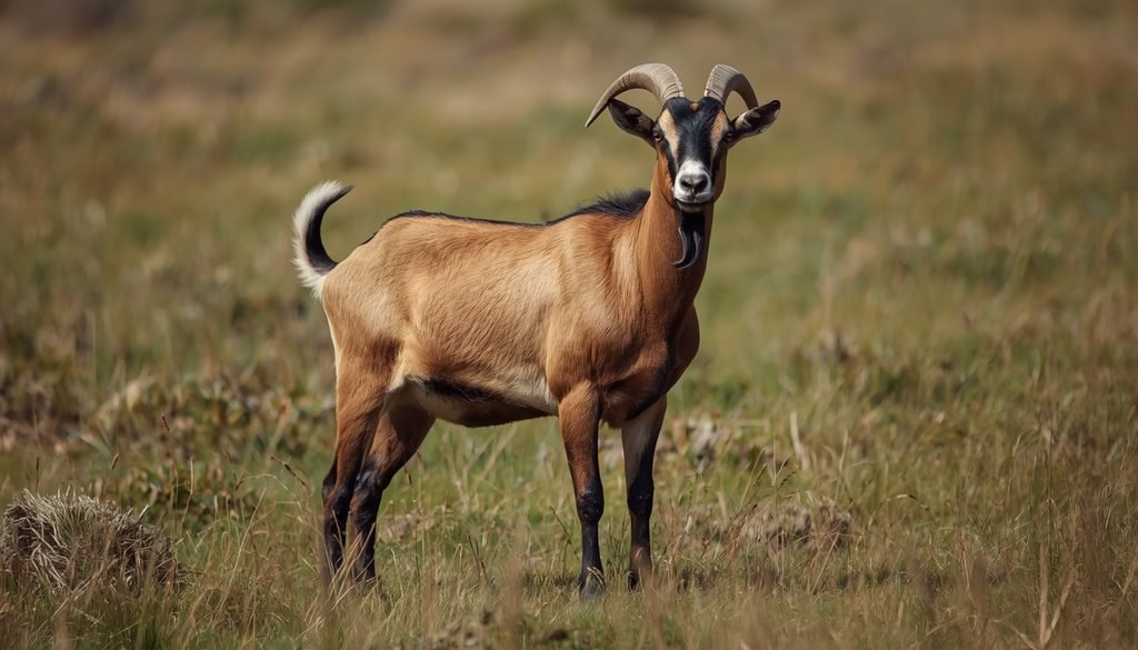 Muscular Boer goat standing in a grassy field